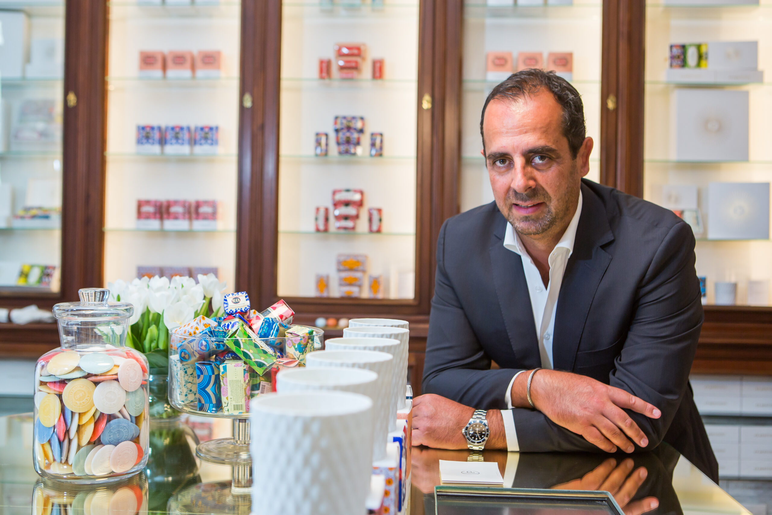 Portrait of Aquiles de Brito, owner and ceo of Claus Porto, a company creating hand crafted soap.
