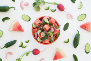 Watermelon, mint, jalapeno salad by farm fresh sustainable restaurant, Dig Inn.