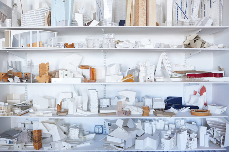 Shelf with Daniel Libeskind's architecture.