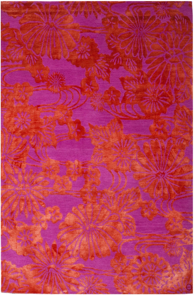 Orange and pink flowers on water rug by Emma Gardner Design.