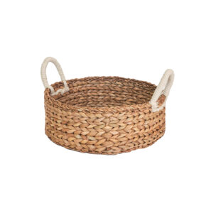 Round woven basket with a brown body and tan handles.