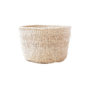 Natural-colored woven floor basket.