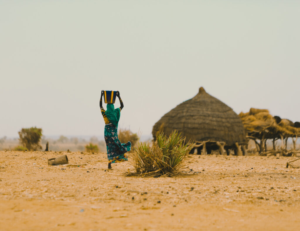 A woman carrying a container on her head walking in a dry landscape in Niger.