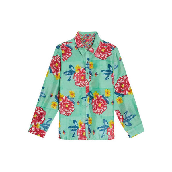 Turquoise long-sleeved shirt with a red floral pattern.