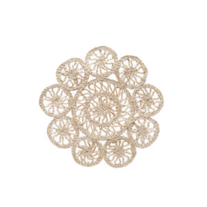 Flower-shaped tan placemat with circles.