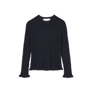 Black knit blouse, with square neck and frill sleeves.