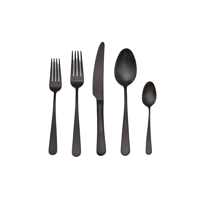 A set of 5 dining set including, two forks, varying in size, two spoons, varying in size and a knife.