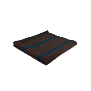 Folded Castilian dark brown Wool rug with blue stripes.