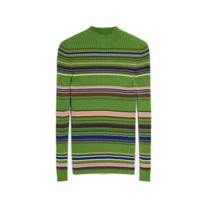 Long sleeved sweater with multicolored stripes.