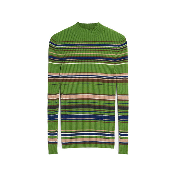 Long sleeved sweater with multicolored stripes.