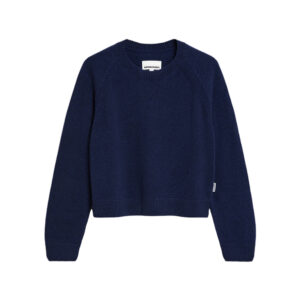 Blue pullover, long sleeved sweater made from recycled mix wool.