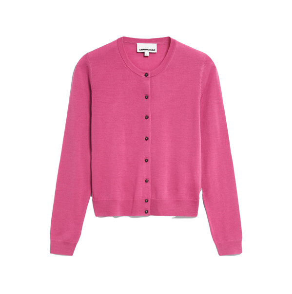 Pink women's slim fit button up long sleeved cardigan.