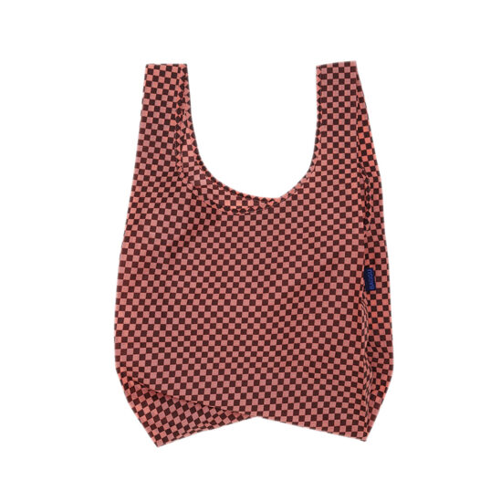 Pink and brown checked reusable nylon bag.