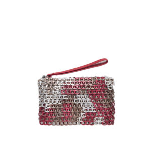 Pink and white clutch made from recycled aluminum tabs.