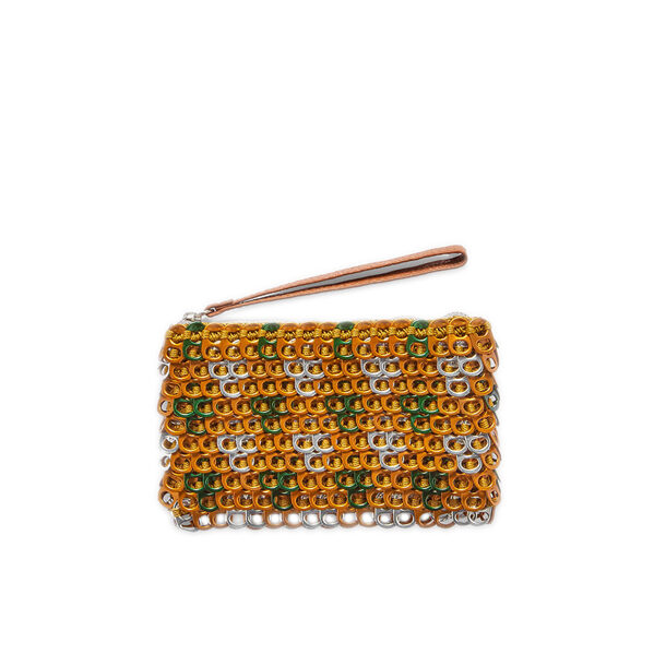 Green and yellow patterned clutch made from recycled aluminum tabs.