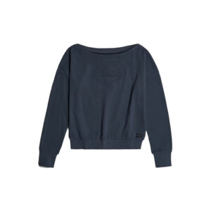 Dark, faded blue boat neck loose long sleeved sweater.